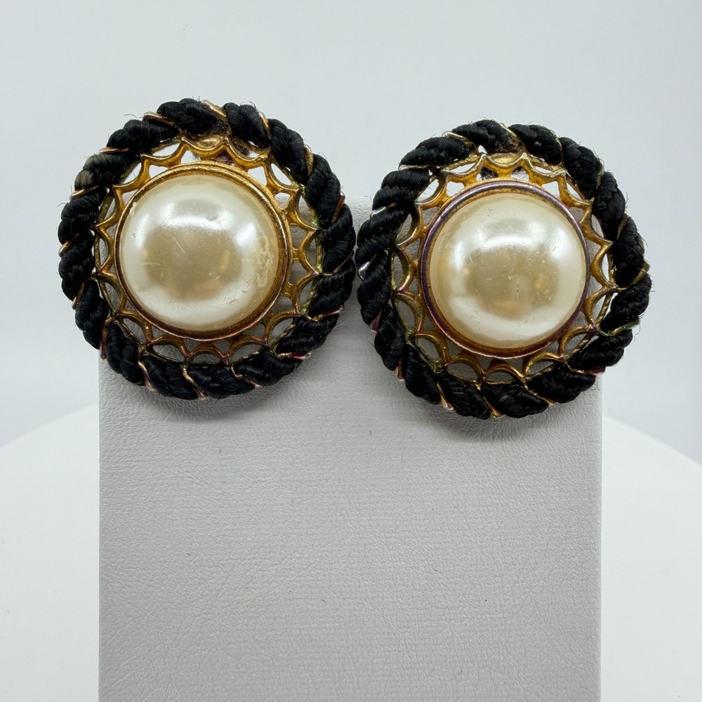 Statement Faux Pearl Clip On Earrings Black Cord Trim Gold Tone Chic Accessory